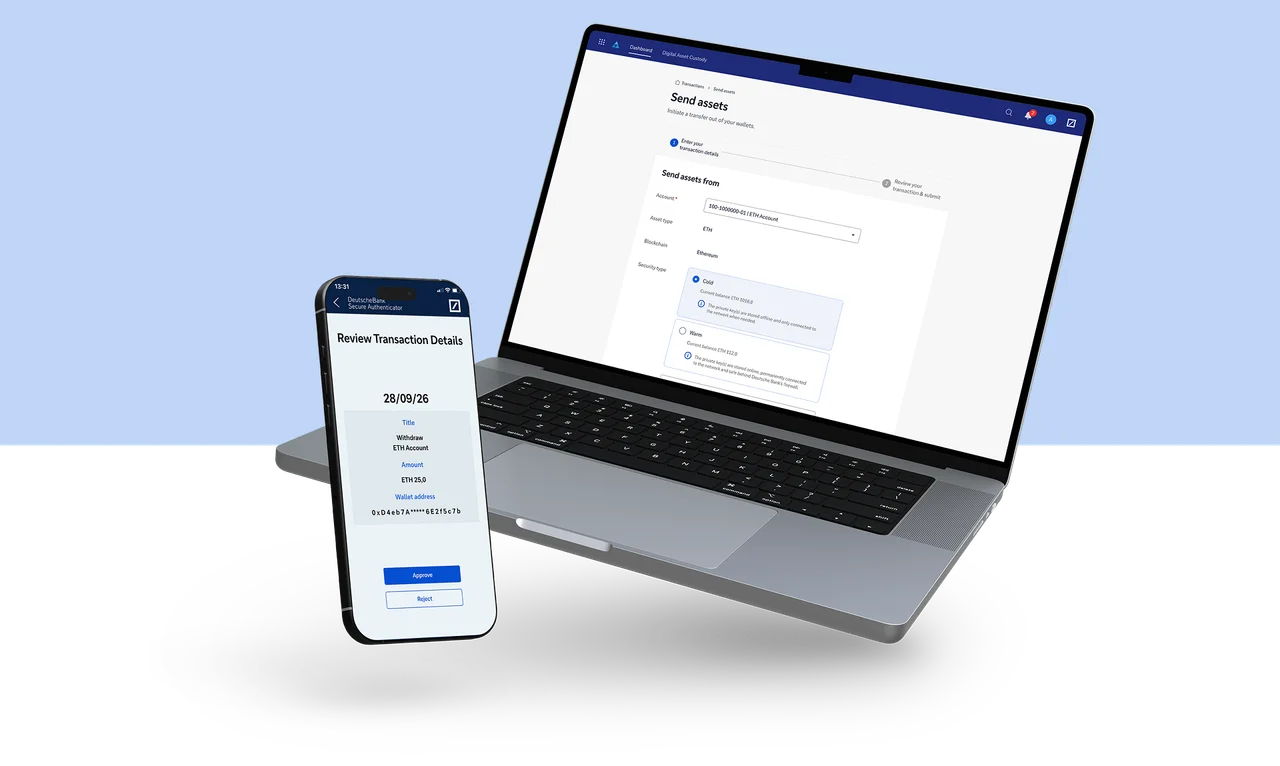 Laptop and smartphone showing the Deutsche Bank app